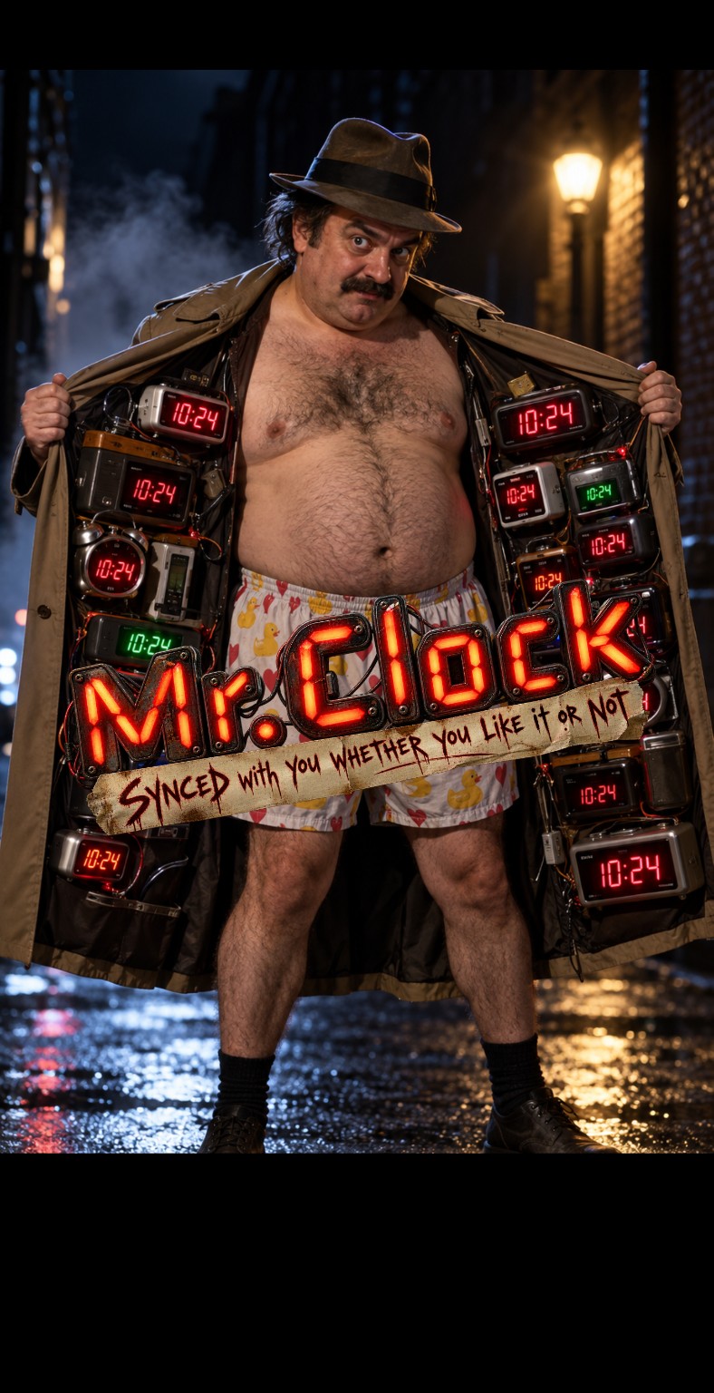 Mr. Clock open trench coat splash art